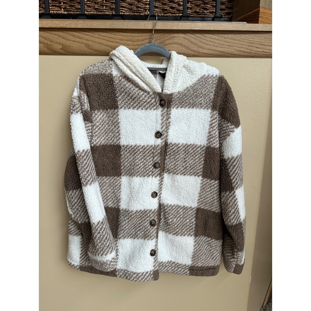 SHEIN Brown White Buffalo Plaid Sherpa Teddy Hoodie Jacket Button Front Medium